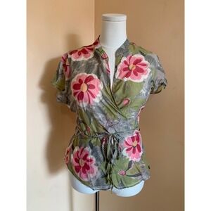 Jigsaw Floral Cotton Silk Wrap Blouse Green Pink Short Sleeve UK 14 Lightweight